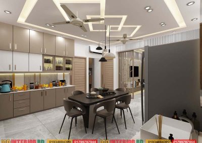 Modern dining and kitchen interior design with ceiling lights, stylish cabinets, and a dark dining table with six chairs.
