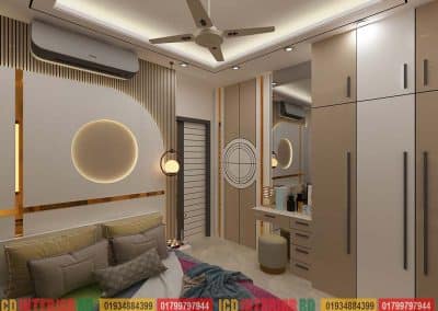 A modern bedroom featuring a large mirror and a neatly made bed, showcasing contemporary design elements.