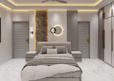 Modern luxury bedroom design with elegant wall decor, soft lighting, and a stylish bed setup