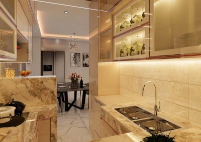 Countertops & Backsplash: The countertops and backsplash are made from polished beige marble with bold veining, giving a sophisticated and warm tone.