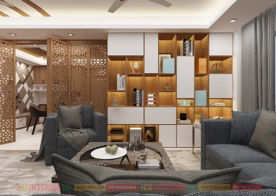 Modern living room with wooden furniture in Dhaka home