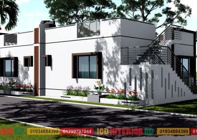 Modern single-storey house exterior with rooftop access, white walls, landscaped garden, and outdoor staircase.