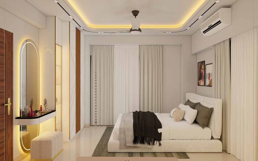 Modern residential interior design with living, dining, and kitchen areas
